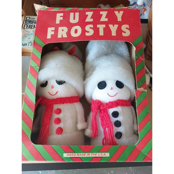 Vintage Fuzzy Frostys Snowman Decor Set of 2 Handmade in USA Boxed - Picture 1 of 4